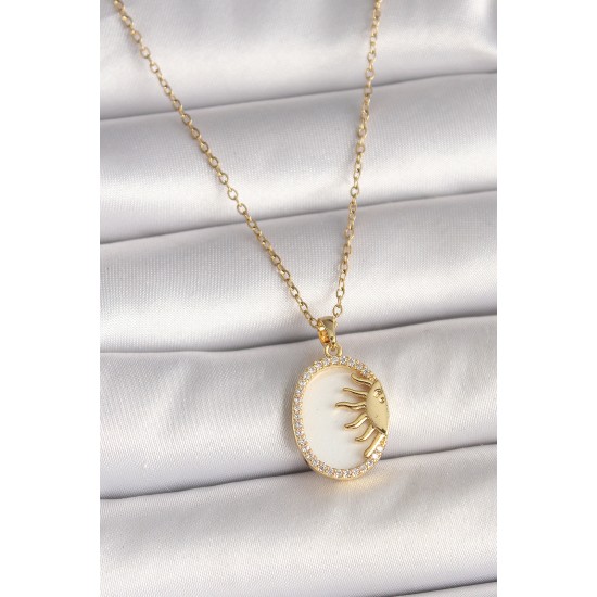 316L Çelik Gold Renk Zincir Beyaz Mineli Gün Batımı Model Zirkon Taş Detay Kadın Kolye - TJ-BKO10002