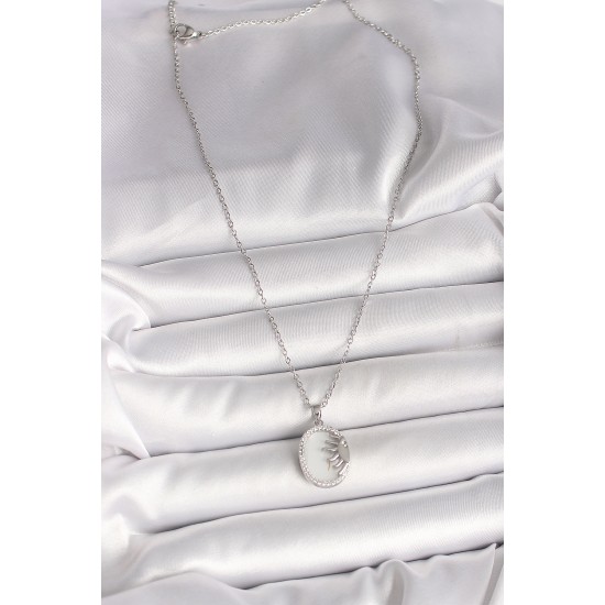 316L Çelik Gümüş Renk Zincir Beyaz Mineli Gün Batımı Model Zirkon Taş Detaylı Kadın Kolye - TJ-BKO10003