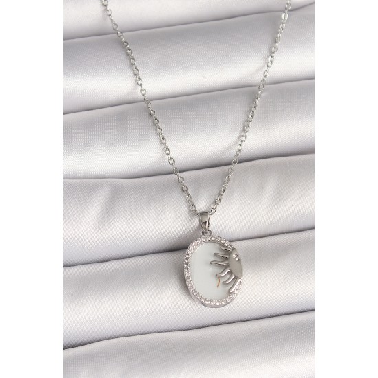316L Çelik Gümüş Renk Zincir Beyaz Mineli Gün Batımı Model Zirkon Taş Detaylı Kadın Kolye - TJ-BKO10003