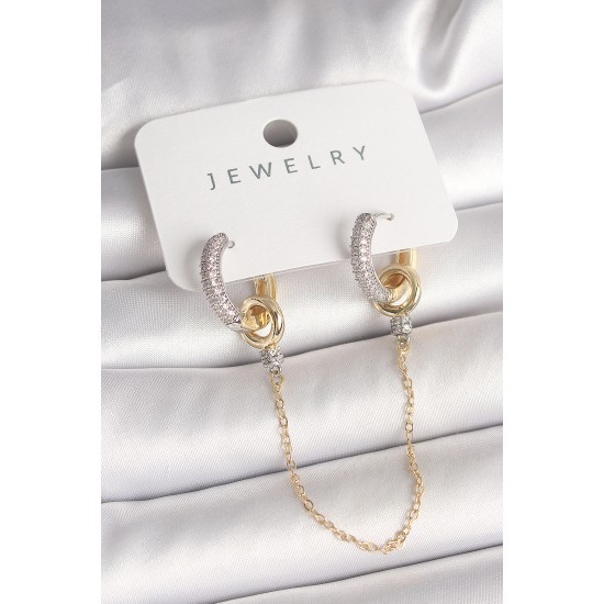 Pirinç Mix Renk Zirkon Taşlı Sallantı Zincir Model Kadın Küpe - TJ-BKP10422