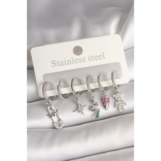 Pirinç Gümüş Renk Zirkon Taşlı Yılan Figür Kadın Küpe Seti - TJ-BKP10423