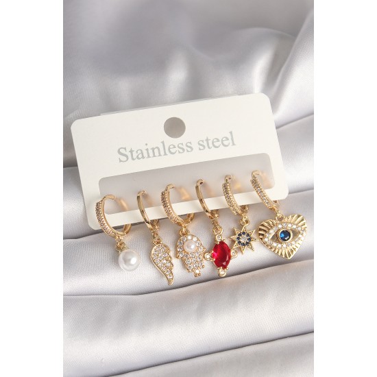 Pirinç Gold Renk Zirkon Taşlı Fatma Ana El Figür Kadın Küpe Seti - TJ-BKP10424