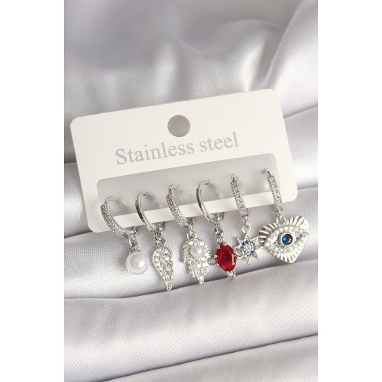 Pirinç Gümüş Renk Zirkon Taşlı Fatma Ana El Figür Kadın Küpe Seti - TJ-BKP10425