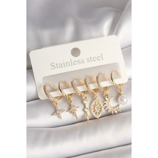 Pirinç Gold Renk Zirkon Taşlı Yıldız Model Kadın Küpe Seti - TJ-BKP10426