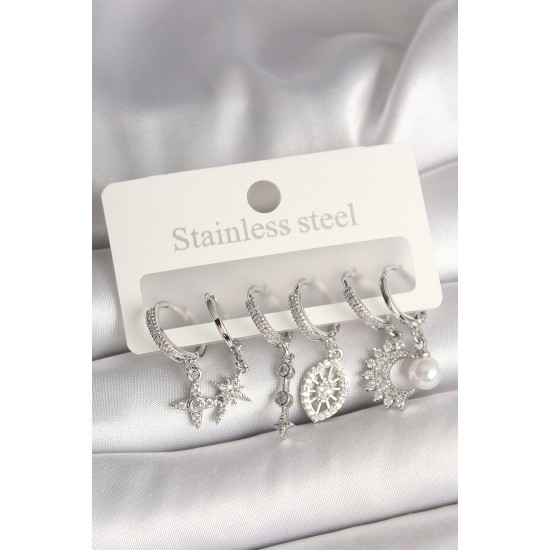 Pirinç Gümüş Renk Zirkon Taşlı Göz Figür İnci Detay Kadın Küpe Seti - TJ-BKP10427