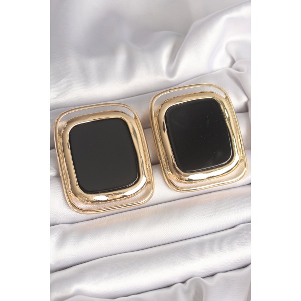 Pirinç Gold Renk Siyah Mineli Kare Model Kadın Küpe - TJ-BKP10429