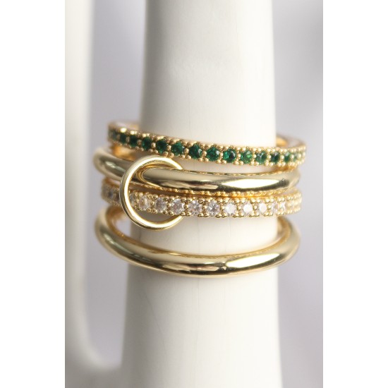 Pirinç God Renk Yeşil Zirkon Taşlı 4'Lü Kadın Yüzük - TJ-BYK3705