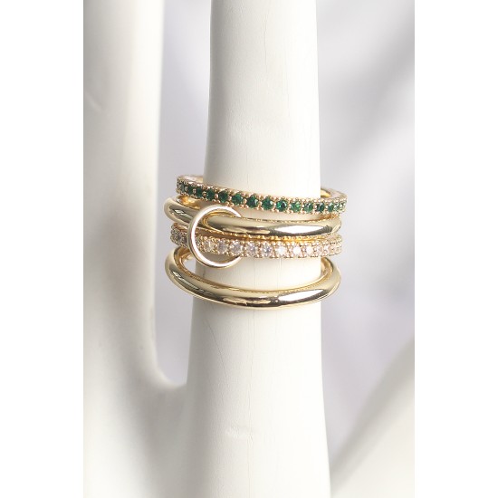 Pirinç God Renk Yeşil Zirkon Taşlı 4'Lü Kadın Yüzük - TJ-BYK3705