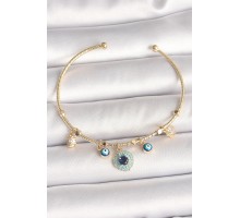 Pirinç Gold Renk Zirkon Taşlı Nazar Boncuk Detay Charm Kadın Bileklik - TJ-BB6883