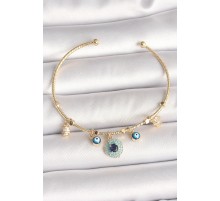 Pirinç Gold Renk Zirkon Taşlı Nazar Boncuk Detay Charm Kadın Bileklik - TJ-BB6883