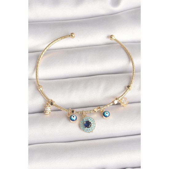 Pirinç Gold Renk Zirkon Taşlı Nazar Boncuk Detay Charm Kadın Bileklik - TJ-BB6883