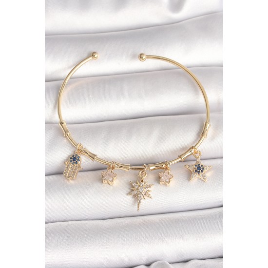 Pirinç Gold Renk Sallantı Zirkon Taşlı Kutup Yıldız Model Charm Model Kadın Bileklik - TJ-BB6884