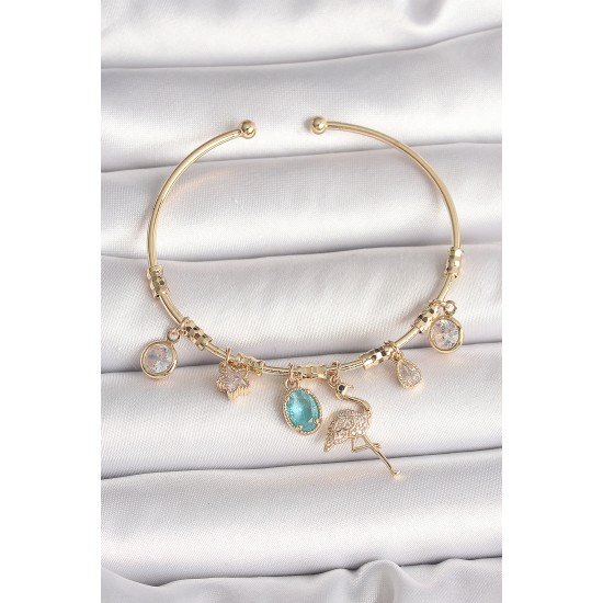 Pirinç Gold Renk Zirkon Taşlı Sallantı Filamingo Figür Charm Kadın Bileklik - TJ-BB6885