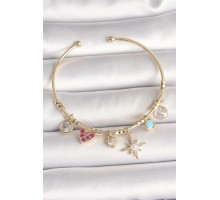 Pirinç Gold Renk Zirkon Taşlı Sallantı Kutup Yıldız Figür İnci Detay Charm Kadın Bileklik - TJ-BB6887