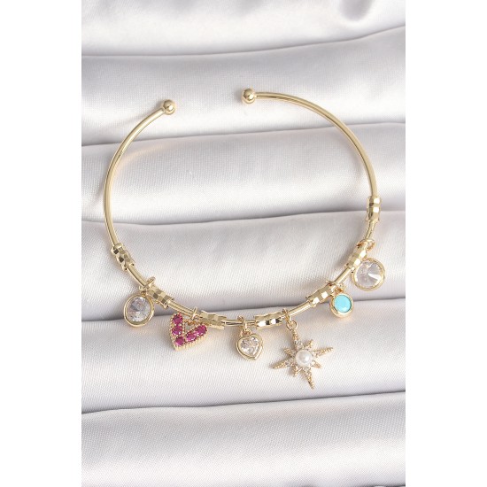 Pirinç Gold Renk Zirkon Taşlı Sallantı Kutup Yıldız Figür İnci Detay Charm Kadın Bileklik - TJ-BB6887