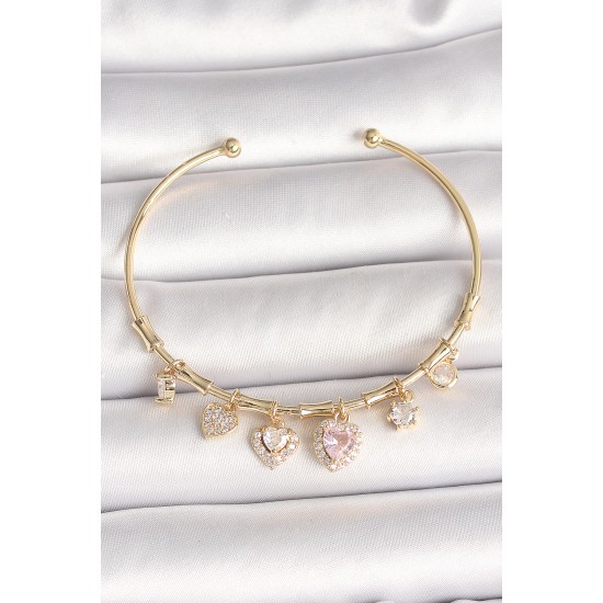 Pirinç Gold Renk Sallantı Pembe Zirkon Taşlı Kalp Figür Charm Kadın Bileklik - TJ-BB6888