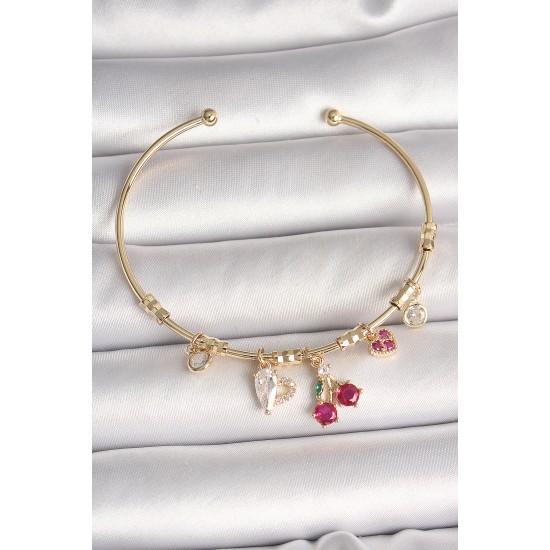 Pirinç Gold Renk Sallantı Kırmızı Zirkon Taşlı Kiraz Figür Charm Kadın Bileklik - TJ-BB6890