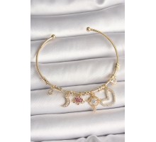 Pirinç Gold Renk Zirkon Taşlı Sallantı Gezegen Model Yıldız Detay Charm Kadın Bileklik - TJ-BB6892