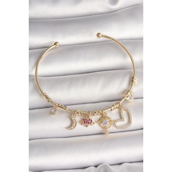 Pirinç Gold Renk Zirkon Taşlı Sallantı Gezegen Model Yıldız Detay Charm Kadın Bileklik - TJ-BB6892