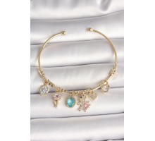 Pirinç Gold Renk Sallantı Zirkon Taşlı AYıcık Figür Kalp Detay Charm Kadın Bileklik - TJ-BB6894
