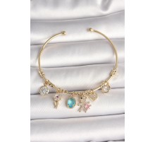 Pirinç Gold Renk Sallantı Zirkon Taşlı AYıcık Figür Kalp Detay Charm Kadın Bileklik - TJ-BB6894