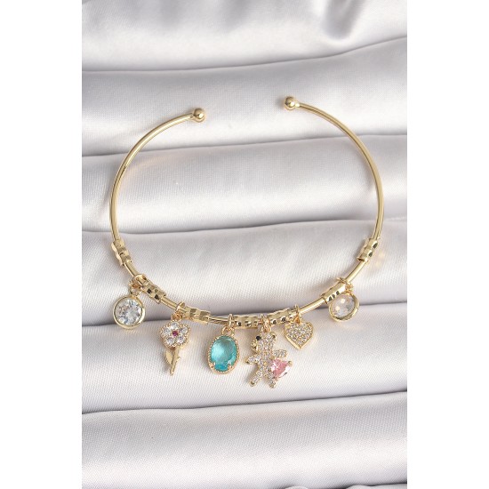 Pirinç Gold Renk Sallantı Zirkon Taşlı AYıcık Figür Kalp Detay Charm Kadın Bileklik - TJ-BB6894
