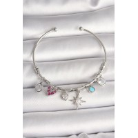 Pirinç Gümüş Renk Sallantı Zirkon Taşlı Kutup Yıldız Figür Kalp Detay Charm Kadın Bileklik TJ-BB6898