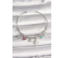 Pirinç Gümüş Renk Sallantı Zirkon Taşlı Kutup Yıldız Figür Kalp Detay Charm Kadın Bileklik - TJ-BB6898