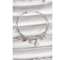 Pirinç Gümüş Renk Sallantı Zirkon Taşlı Kutup Yıldız Figür Kalp Detay Charm Kadın Bileklik - TJ-BB6898