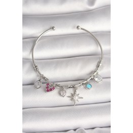 Pirinç Gümüş Renk Sallantı Zirkon Taşlı Kutup Yıldız Figür Kalp Detay Charm Kadın Bileklik TJ-BB6898