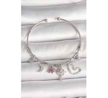 Pirinç Gümüş Renk Sallantı Zirkon Taşlı Gezegen Figür Kalp Detay Charm Kadın Bileklik - TJ-BB6899