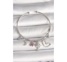 Pirinç Gümüş Renk Sallantı Zirkon Taşlı Gezegen Figür Kalp Detay Charm Kadın Bileklik - TJ-BB6899