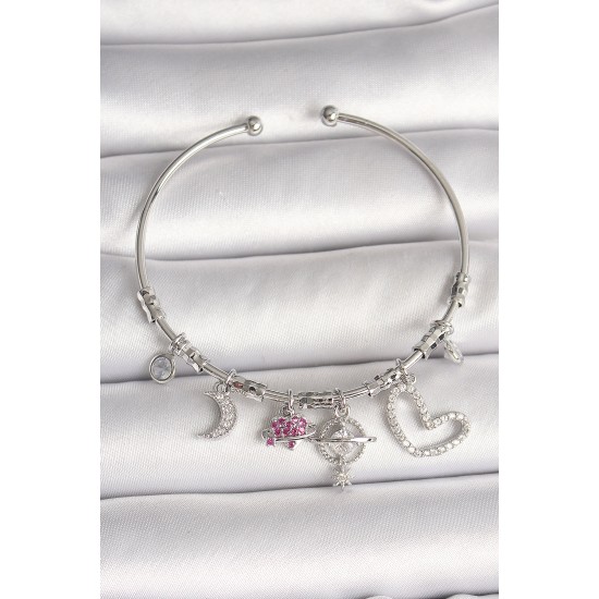 Pirinç Gümüş Renk Sallantı Zirkon Taşlı Gezegen Figür Kalp Detay Charm Kadın Bileklik - TJ-BB6899