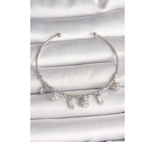 Pirinç Gümüş Renk Sallantı Zirkon Taşlı Çiçek Figür Charm Kadın Bileklik - TJ-BB6900