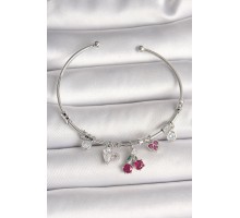Pirinç Gümüş Renk Sallantı Kiraz Figür Kalp Detay Charm Kadın Bileklik - TJ-BB6901