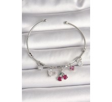Pirinç Gümüş Renk Sallantı Kiraz Figür Kalp Detay Charm Kadın Bileklik - TJ-BB6901
