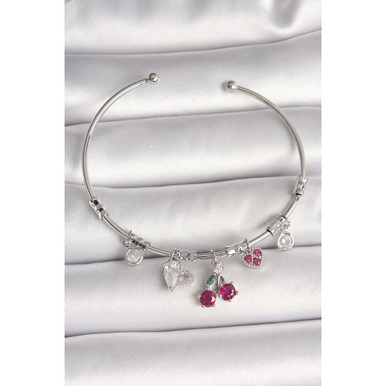 Pirinç Gümüş Renk Sallantı Kiraz Figür Kalp Detay Charm Kadın Bileklik - TJ-BB6901