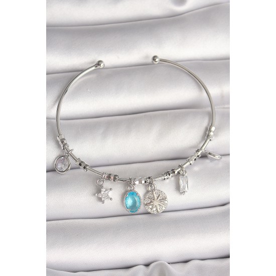 Pirinç Gümüş Renk Sallantı Pusula Figür Kalp Detay Charm Kadın Bileklik - TJ-BB6902