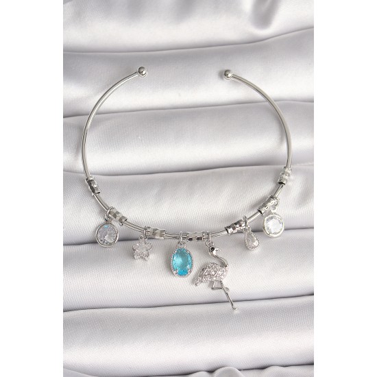 Pirinç Gümüş Renk Sallantı Zirkon Taşlı Filaminga Figür Charm Kadın Bileklik - TJ-BB6903