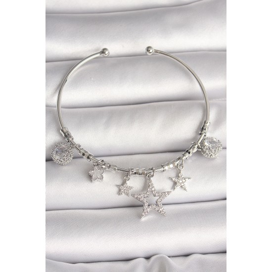 Pirinç Gümüş Renk Sallantı Zirkon Taşlı Yıldız Figür Charm Kadın Bileklik - TJ-BB6904
