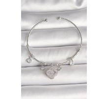 Pirinç Gümüş Renk Sallantı Zirkon Taşlı Yonca Figür Charm Kadın Bileklik - TJ-BB6905