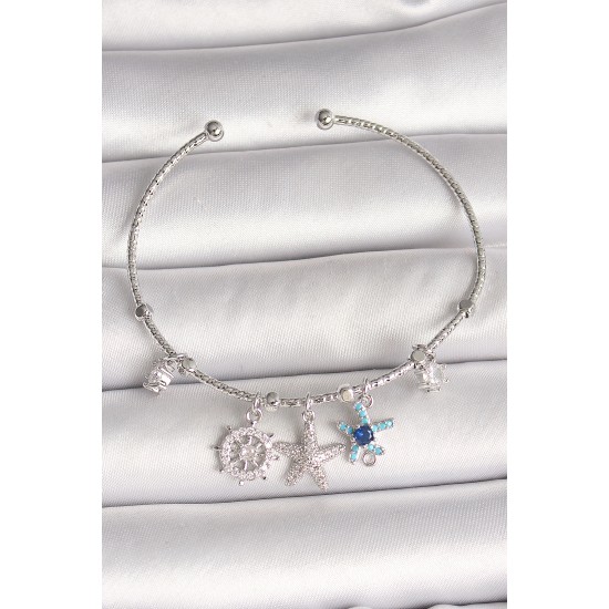 Pirinç Gümüş Renk Sallantı Zirkon Taşlı Deniz Yıldız Figür Charm Kadın Bileklik - TJ-BB6906