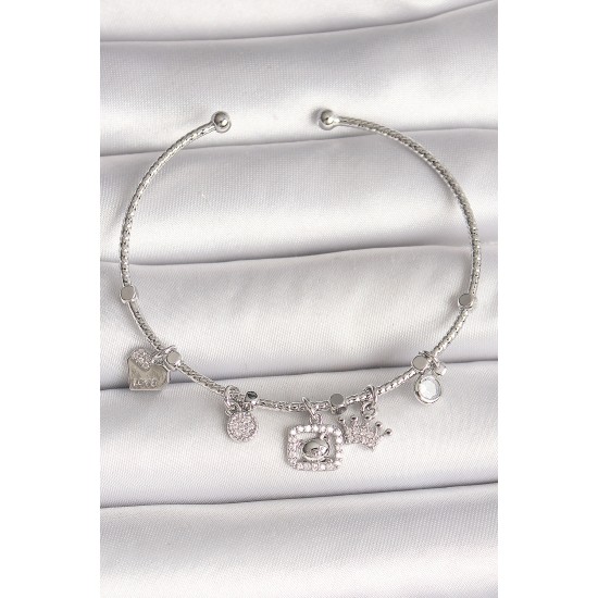 Pirinç Gümüş Renk Sallantı Zirkon Taşlı Ayıcık Figür Taç Detay Charm Kadın Bileklik - TJ-BB6907