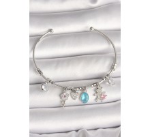 Pirinç Gümüş Renk Sallantı Zirkon Taşlı Ayıcık Figür Çiçek Detay Charm Kadın Bileklik - TJ-BB6908