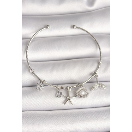 Pirinç Gümüş Renk Sallantı Zirkon Taşlı Deniz Yıldız Figür Balık Kuyruğu Detay Charm Kadın Bileklik - TJ-BB6909