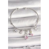 Pirinç Gümüş Renk Sallantı Zirkon Taşlı Kalp Figür Charm Kadın Bileklik TJ-BB6910