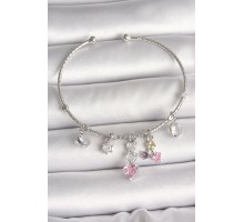 Pirinç Gümüş Renk Sallantı Zirkon Taşlı Kalp Figür Charm Kadın Bileklik - TJ-BB6910