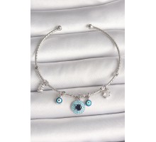 Pirinç Gümüş Renk Sallantı Zirkon Taşlı Nazar Boncuk Figür Charm Kadın Bileklik - TJ-BB6911