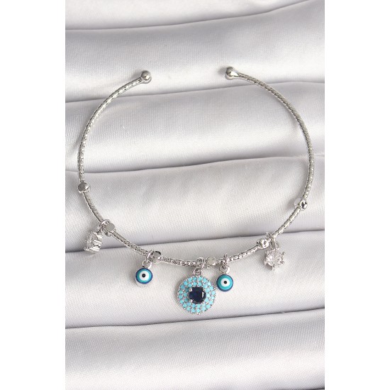 Pirinç Gümüş Renk Sallantı Zirkon Taşlı Nazar Boncuk Figür Charm Kadın Bileklik - TJ-BB6911