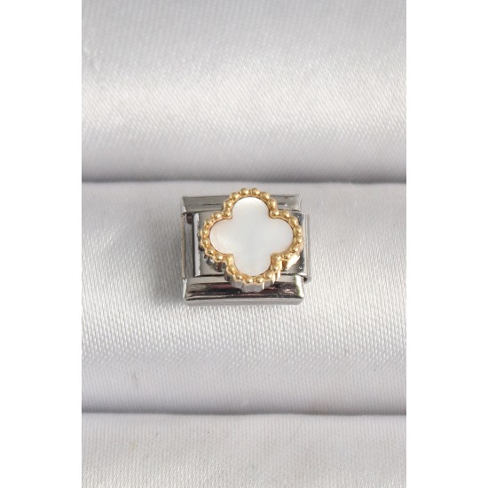 316L Çelik Gümüş Renk Beyaz Yonca İşlemeli Nomination Charm - TJ-BC1203